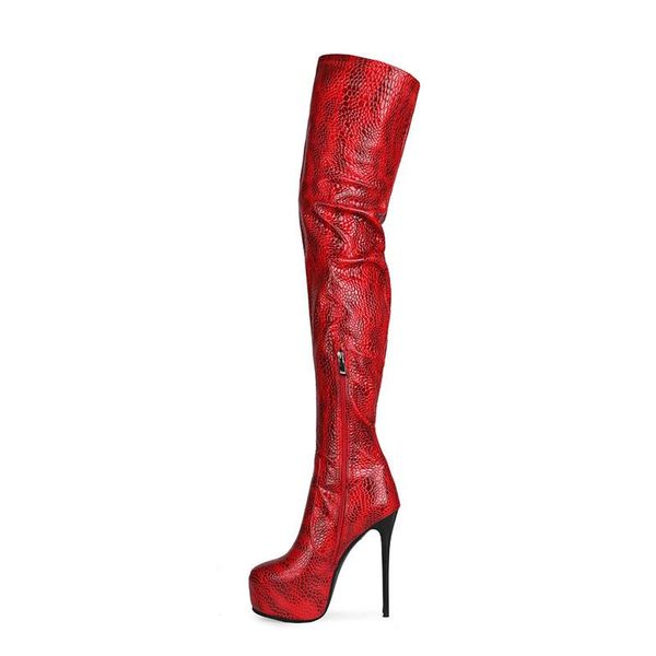 Bottes femmes 2022 rouge automne hiver chaussures scène cuisse haute Sexy motif peau de serpent talons aiguilles plate-forme bout rond sans lacet
