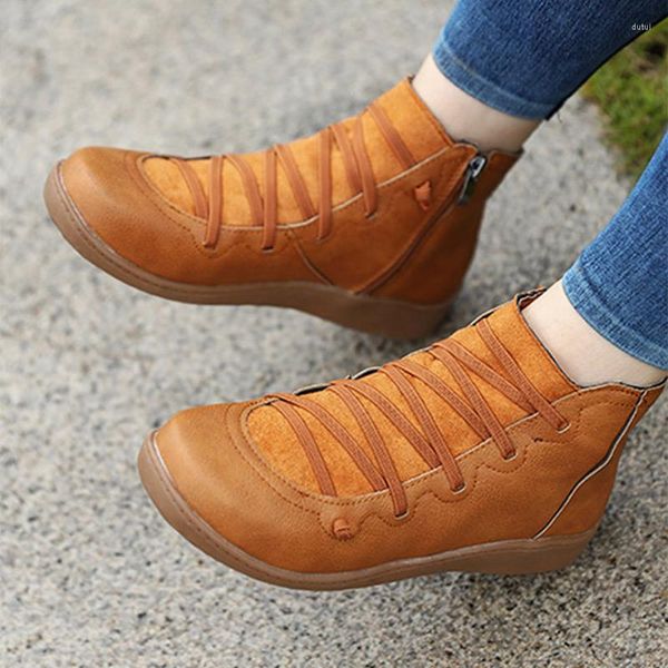 Bottes femmes en cuir PU cheville femmes automne hiver croix à bretelles Vintage Punk plat dames chaussures femme Botas Mujer