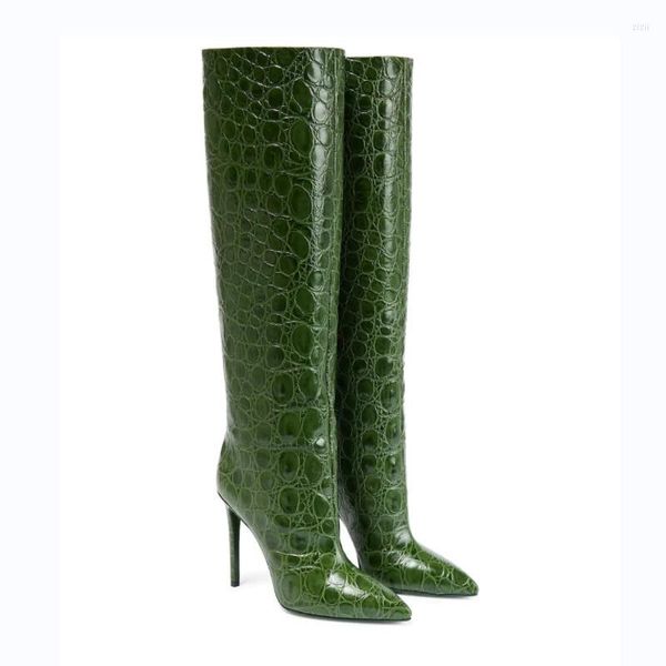 Bottes femmes Sexy fête genou haute longue 2022 automne motif Crocodile talon mince bout pointu chaussures vert Rose rouge grande taille