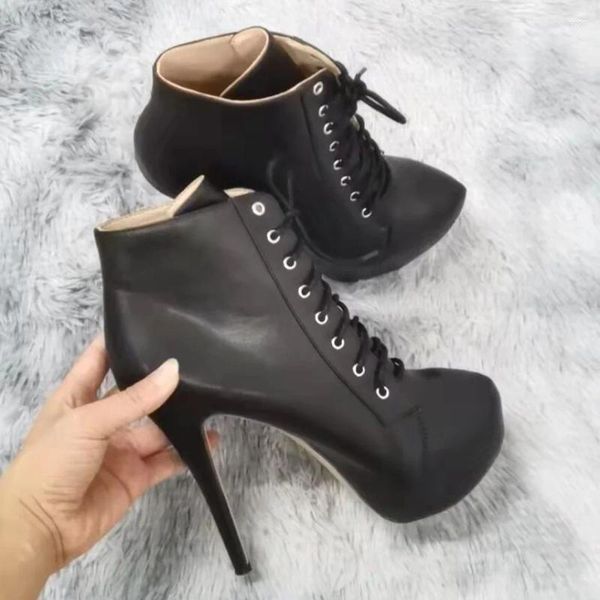 Botas hasta el tobillo para mujer, zapatos de tacón alto sexis con punta estrecha para baile en barra, zapatos con cordones y cremallera a la moda para mujer, talla grande 42