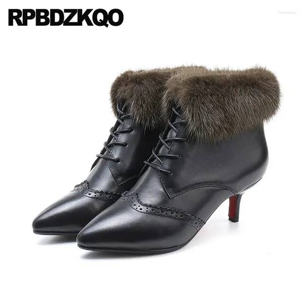 BOTAS Mujeres Tobillo Tacón mediano Brogue Stiletto Autumn Black Shoes Brand Toe Toe Winter Winter Furry Genuine Leating de cuero genuino