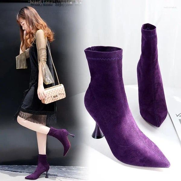 Bottes femmes cheville bout pointu talon haut aiguille doux daim botte à enfiler violet noir rouge confortable Botas troupeau chaussons chaud