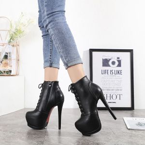 Bottes Femmes Automne Boots Bottes Sexy High Heels Plateforme Bottes Round Toe Cuir Botties Chaussures noires Chaussures de fête des dames