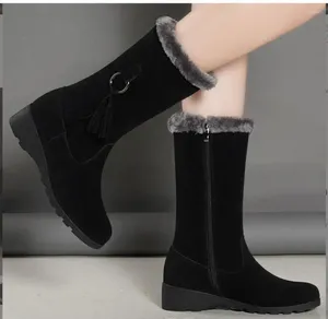 Botas Mujer Otoño Moda Lado Mujer Felpa y Aislamiento Grueso Largo Invierno Cuñas Gamuza Negro Gris Zapatos