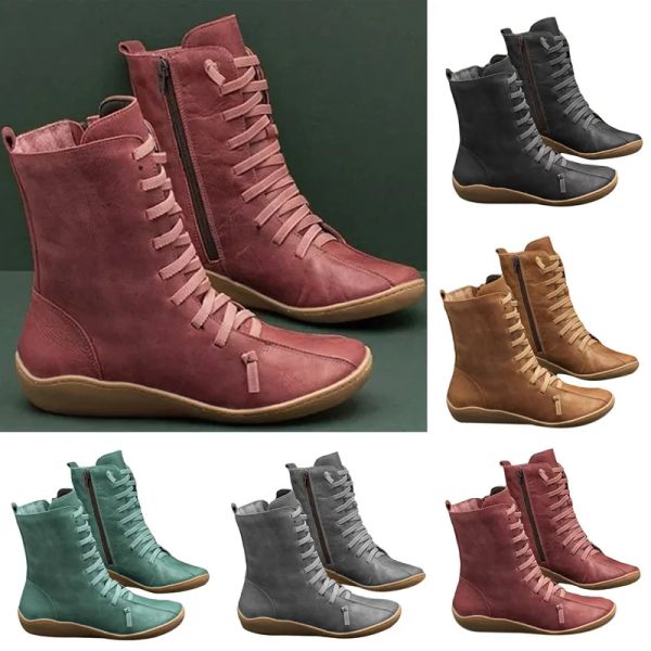 Botas Mujeres Autumn Vintage Zipper Lace Up Boots Botas Damas Damas Retro Cuero Mujer zapatos Altos Top Fashion Fashion Footwear