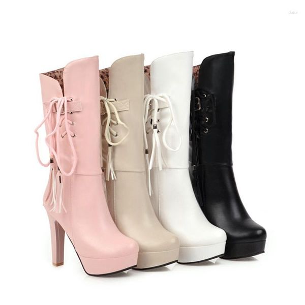 Botas Mujeres Otoño Invierno Invierno Medio Sexy Plataforma de tacones altos Boties de cuero de punta redonda Zapatos blancos Partido 12-5