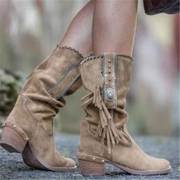 Laarzen Vrouwen Bohemian Laarzen Etnische Tassel Fringe Faux Suède Mid Half Winter Laarzen Vrouw Vierkante Hak Schoenen Plus Size 230809