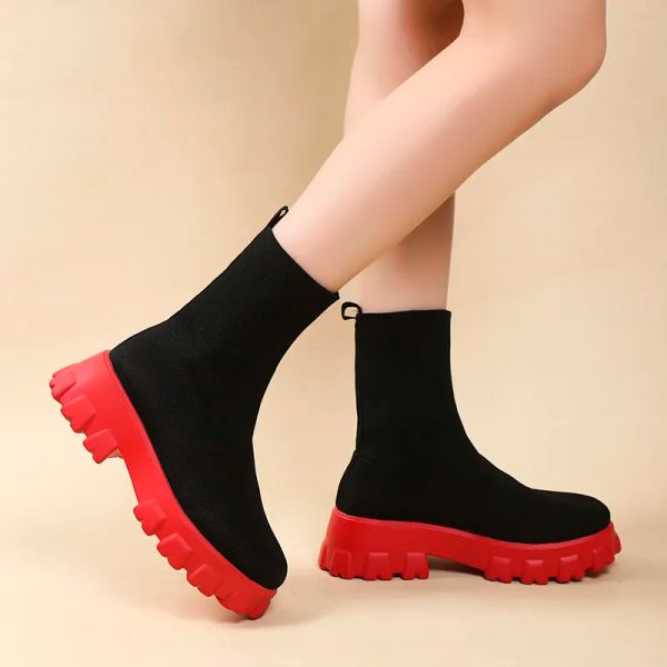 Boots Femmes Boots Automne Hiver Nouveau épaisse de chaussures de coin élastique en tricot respirant Boots Plate-forme de talon épais bottines zapatos