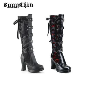 Boots Femme Boots Lolita Gothic Chunky High Talon broderie florale Pumps Femme Fadies Cross Couteau pointé Toe Knight Chaussures