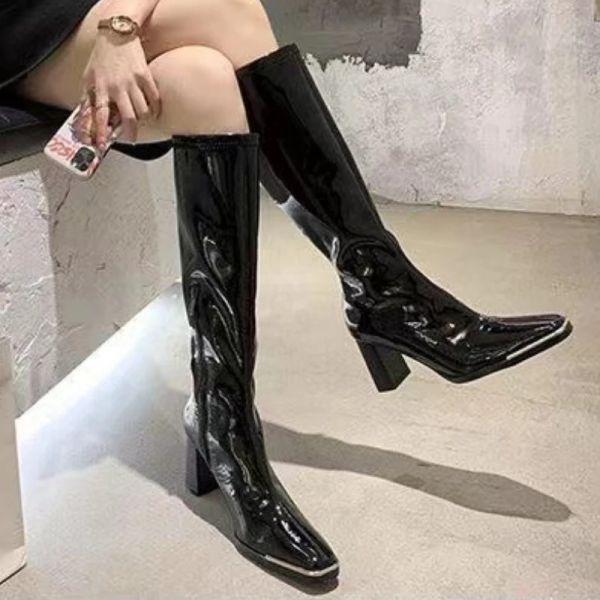 Boots Femme Boots Mirror Platform Point Pointy Puny Punk High Talons minces sur les genoux longs Boots Automne Hiver Zip Black Casual Party Shoe