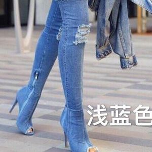 Laarzen Vrouwen Laarzen Lente Dij Hoge Laarzen Denim Laarzen Vrouwen Hoge Hakken Vrouwen Schoenen Peep Toe Kwastje Jean Laars Dames schoenen Laarzen 230314