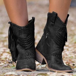 Bottes Femmes bottes Western Cowgirl frange bottes Vintage moto bottes d'équitation épais talon haut en cuir grande taille Chaussure Femme 230803