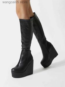 Bottes femmes bottes hiver 2022 nouveau luxe mode fermeture éclair plate-forme femmes chaussures compensées noir talon haut dames genou bottes hautes T230713