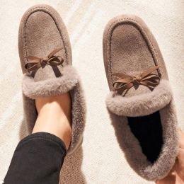 Botas Mujeres Butterflyknot Fluffy Plush Flat Shoes 2022 Fashion Winter Warm Faux Fur Flock Lofa Slip On Profuly Luxury Mocasin