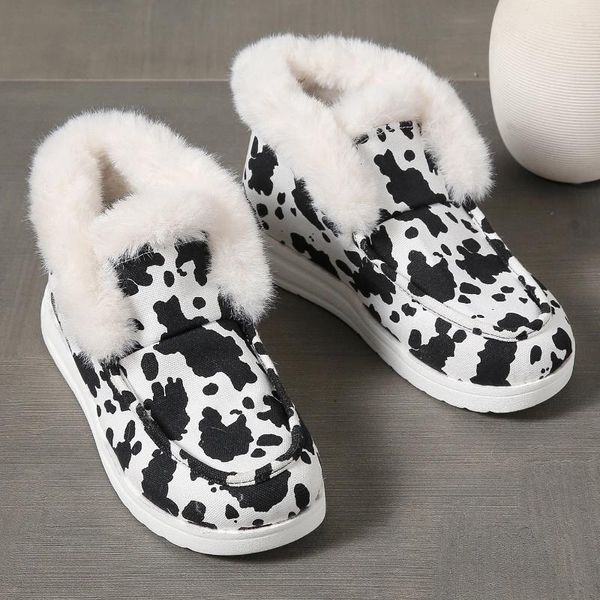 Bottes femmes vache imprimé cheville confort neige chaud confortable anti-dérapant chaussures plates doublé en peluche grande taille antidérapant