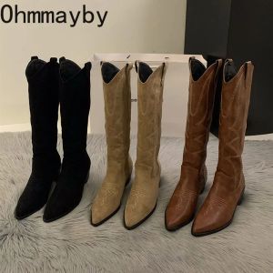 Boots Women Cowboy Boots Fashion Square Low Talon Loes Élégant Slip on Long Booties Hiver Points Points Foot Women's Footwear