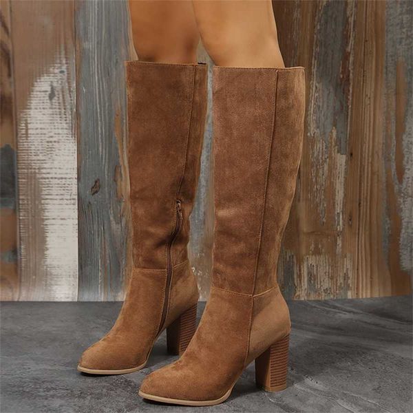 Botas Mujer Tacones de vaquero Zapatos gruesos occidentales Cuero Rodilla Alto Largo Elegante Diseñador Tallas grandes New Rock Pole Dance Marrón 230922