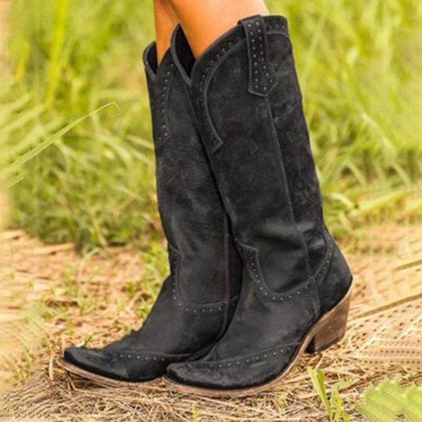 Boots Femme Cowboy Riding Middle Slope Talon Point Tube Short Fashion For Winter Warm Female Chaussures