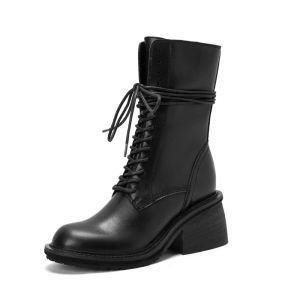 Boots Femmes Cross Strap Mid Boots Smallhut Great Cuir Nouveau 2022 AUTUMNE HIVER BOOD BOOD BOOT ELIAGNT ROND TEE SHOIS THEEL THE