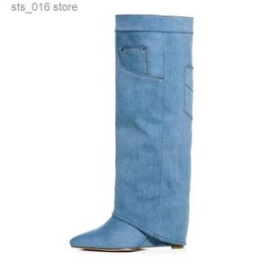 Bottes Femmes Denim bottes bout pointu sans lacet femmes bottes hautes mode chaussures à talons compensés talons hauts bottes longues femmes Botas Femininas T230824