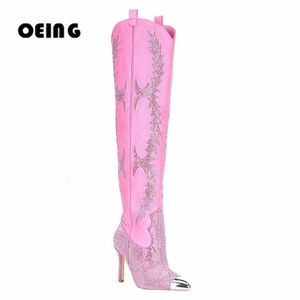 Bottes femmes embellies sur les bottes au genou Sexy bout pointu brodé bottes de robe occidentale dames fête cuissardes 230822