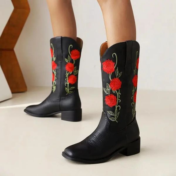 Boots Women Fashion Boots Rose Flower broderie Colorblocking Pu Square Toe Street Classic Outdoor Confortable Chaussures de femmes de tous les jours