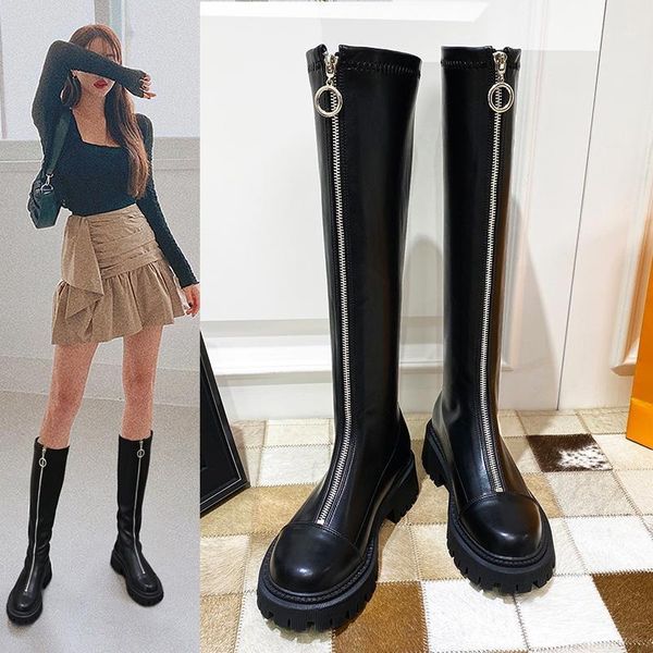 Botas Mujer Moda Largo Sexy Damas Otoño Invierno Cremallera frontal Rodilla Alto Punta Redonda Tacones Negros Zapatos Botas1