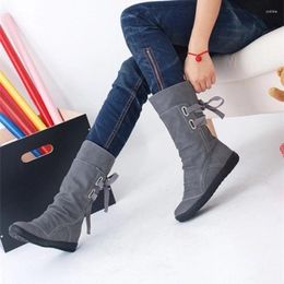 Boots Women Fashion Mid-Calf Platform Botas Slip on Lace-Up Solid Flat Talons Ladies Casual Warm Shoes Mujer Zapatos