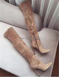 Bottes femmes mode bout pointu cuir suédé sur le genou talon mince Sexy Style classique longues chaussures de Club hautes