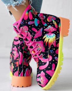 Laarzen dames mode schoenen warm dagelijks slijtage platte winter kleurrijk figuur champignon print ombre laceup enkel laarzen