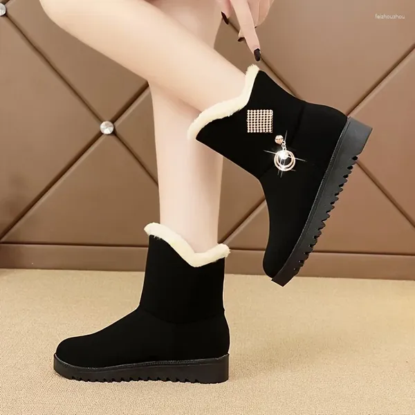 Botas Mujer Forro Polar Forro Esponjoso Resbalón En Suela Suave Plataforma Hebilla Decoración Invierno Felpa Nieve Cálida