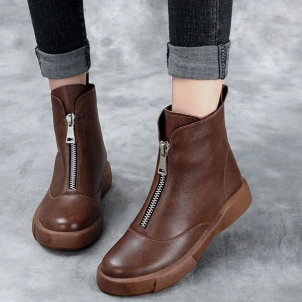 BOOTS Women Front Zip Botas cortas Autumn Style British Bottom Bottom Round Heavy Cabeza Nonslip Flats informales Botas Femininas