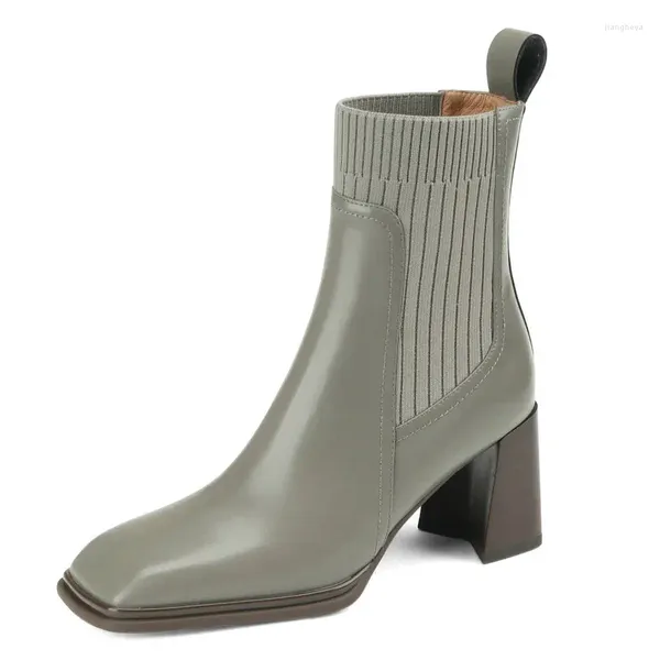 Bottes en cuir véritable pour femmes, chaussettes tricotées à la cheville, chaussures de bureau à bout carré et à talons hauts, taille 41 42, automne-hiver 2024