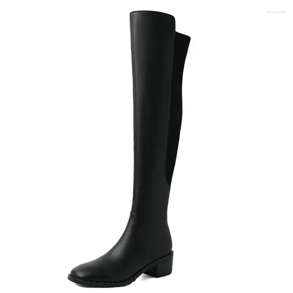 Bottes femmes en cuir authentique sur le genou stretch élevé 5/7 cm d'épaisseur à talons d'automne chaussures d'hiver femme toe carré knight long