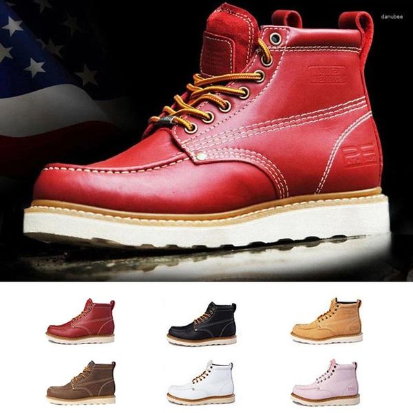 Botas Mujer Cuero genuino Seguridad laboral Goodyear-Welted Vintage Mid-becerro Motocicleta Round-Top Hombres Casual Cowboy