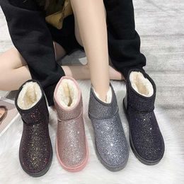 Boots Women Glitter Boots 2023 Short Plush Woman New Warm Soft Ladies Ankle Boot Winter Fur Bling Platform Female Casual Shoes