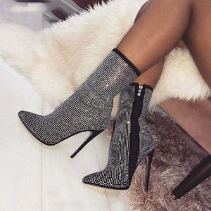 Bottes Femmes Glitter Crystal Boots Party Sexy Punch Shoe Super High Talons Femme Mode Zip Mid Kuit Bottes Dames Pompes Grande Taille Chaussures J220923