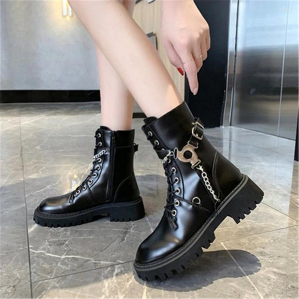 Botas de mujer estilo gótico con cremallera lateral en el tobillo, zapatos de plataforma estilo Punk, botines con cordones de otoño, zapatillas antideslizantes con cadena Sexy gruesa 35-40