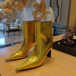 Botas Mujer Tacones altos Oro Plata Resbalón en botines de tobillo Zapatos de lujo para mujer Diseñador Bota corta Moda Gladiador Bombas 230227
