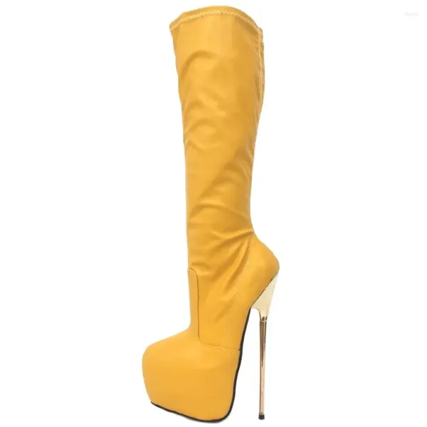 Bottes femmes genou-haut 22CM Super haut talon plate-forme Stiletto solide brillant cuir verni fermeture éclair femmes Sexy fétiche chaussures