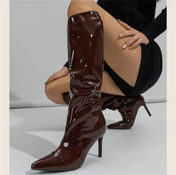 Botas de mujer hasta la rodilla tacones de 8,5 cm botines de cuero plisado brillante señora fetiche Stripper botines largos zapatos rojos vino blanco