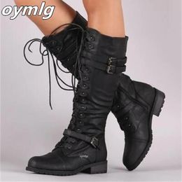 Bottes femmes genou bottes automne hiver à lacets chaussures plates Sexy Steampunk PU rétro boucle femmes chaussures dames bottes de neige 231115