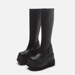 Laarzen Dames Kniehoge Laarzen Dames Zip Lederen Gesp Hoge Laarzen Vrouw Lage Hakken Dames Gesp Riem Vrouwelijke Schoenen Gothic Schoenen 230825