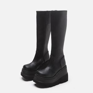 Bottes Femmes Bottes hautes pour femmes Zip en cuir boucle bottes hautes femme talons bas dames boucle ceinture femme chaussures chaussures gothiques 231026