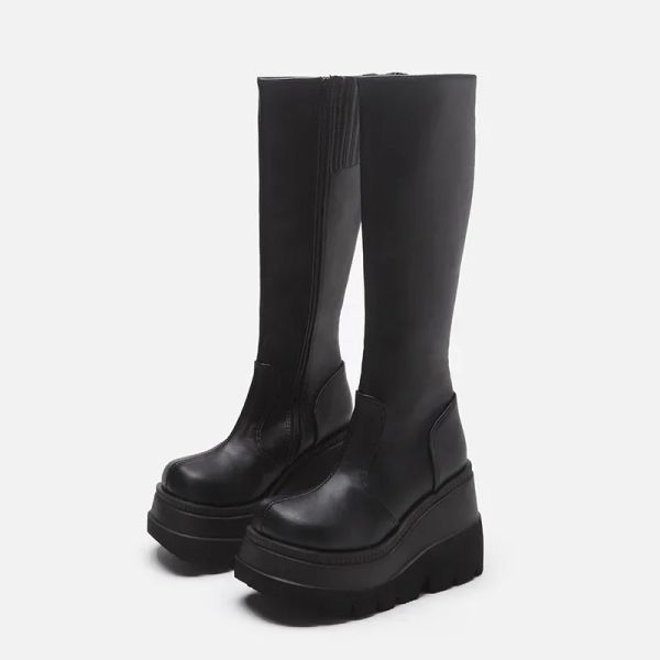 Botas Mujeres Botas Altas Botas Mujeres Control de cuero High Boots Mujer Tacos bajos Cinturón de dama zapatos femeninos zapatos góticos