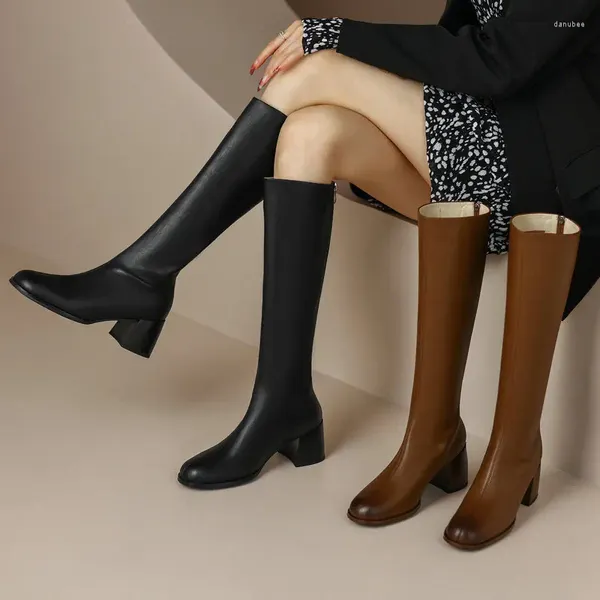 Botas mujer hasta la rodilla cuero genuino tacones cuadrados largos zapatos casuales mujer invierno tamaño 34-40