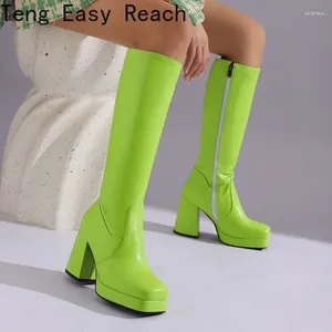 Boots Femmes Knee High Platform Color Couleur rouge vert violet brevet cuir talons grossiers Sexy Party Club Lady Zipper chaussures