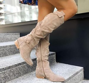 Laarzen dames knie hoge vaste kleur suede dame flats winter warme comfortabele vrouwelijke schoenen point teen sexy ritssluiting lage hak tall laars 24263363