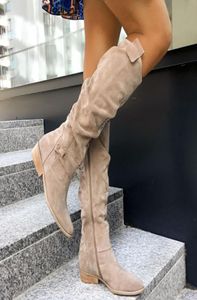 Boots Femmes Knee High Color Suede Lady Flats hiver chauds Chaussures féminines confortables Point Toe Sexy Zipper Talon Low Tal Bot 25343065