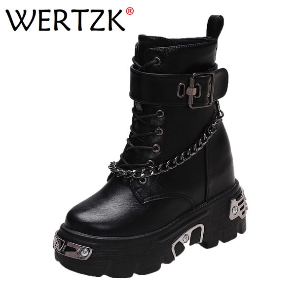 Bottes Femmes En Cuir Plate-Forme Chaîne Cheville Bottes D'hiver Style Gothique Chaussures En Métal Moto Bottes Bout Rond Chunky Punk Bottes 230718